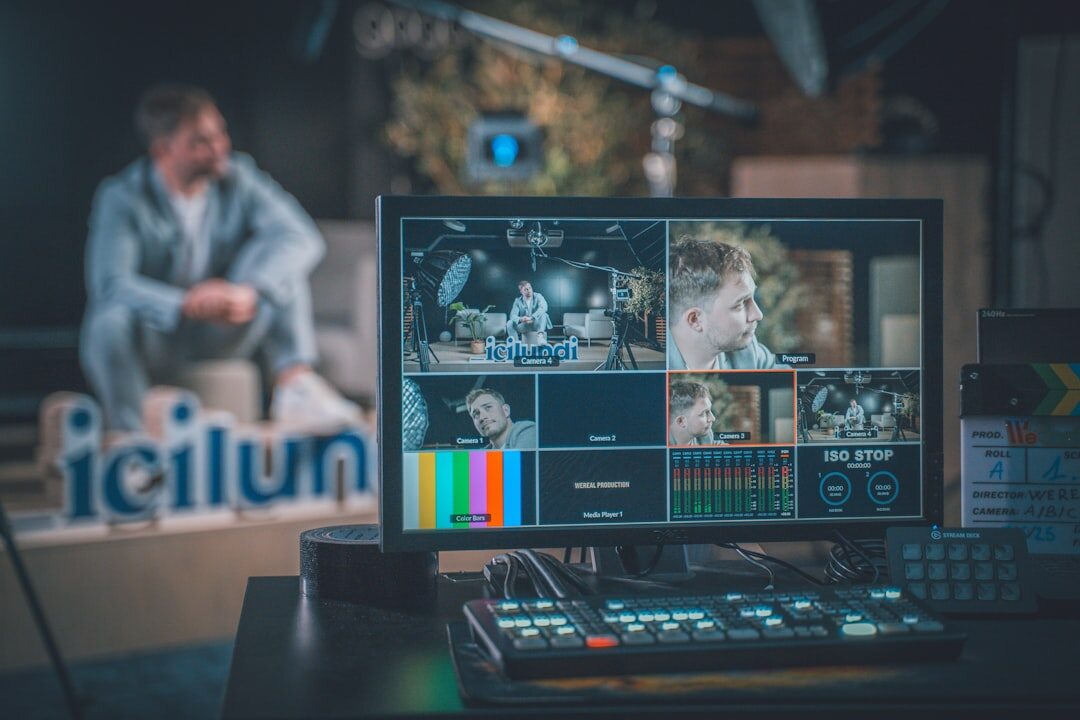 Television broadcast control room with multiple monitors